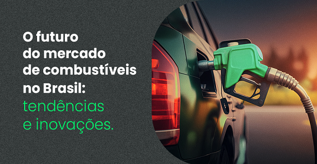 Carro sendo abastecido com um bico de combustivel verde, cor do Featbank, ao lado de um banner sobre o futuro do mercado de combustiveis no Brasil