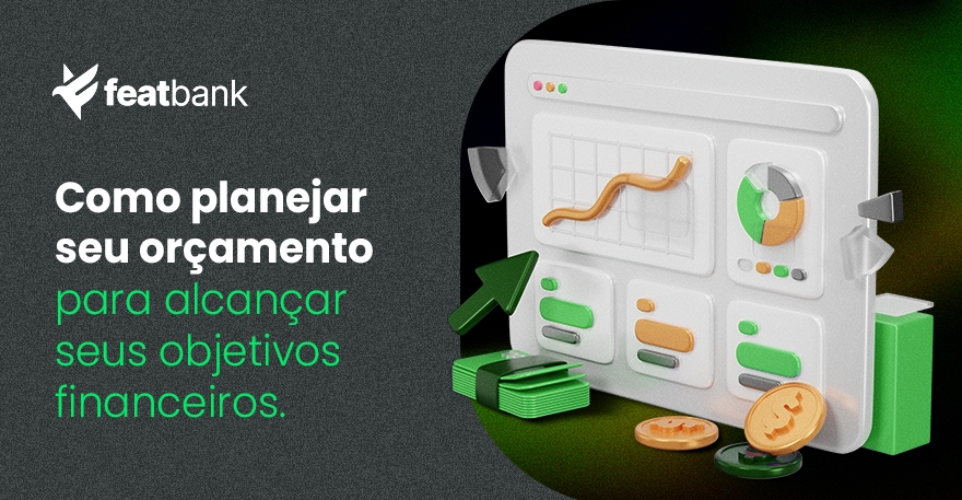 Planilhas de excel e graficos ao lado de um banner sobre como planejar seu orçamento